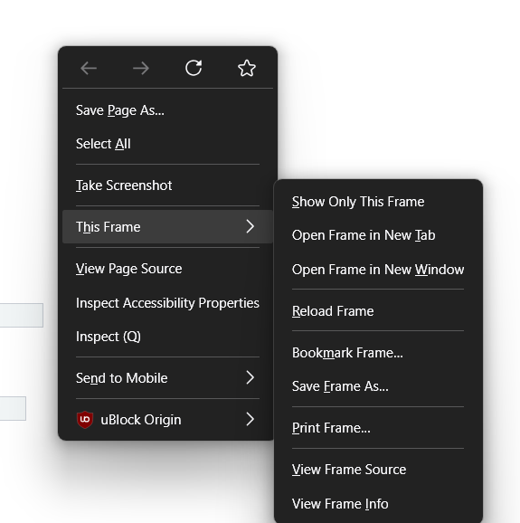 A firefox browser right-click context menu with "This Frame" selected